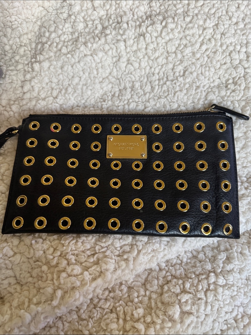 Michael Kors Black Leather Grommet Detail Wristlet with Gold Hardware